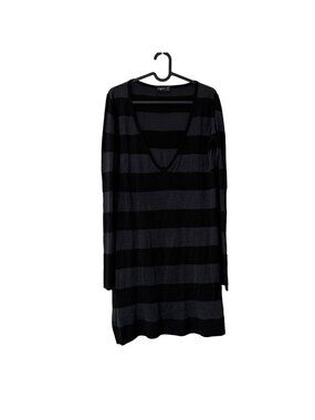 Agnes B Paris Black Gray Striped Wool Vneck Sweater Tunic Dress Womens Large